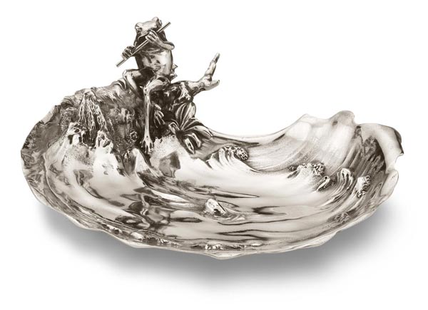 Jewelry holder bowl - tree frog playing the flute in the pond, grey, Pewter / Britannia Metal, cm 21,5 x 18 x h 9