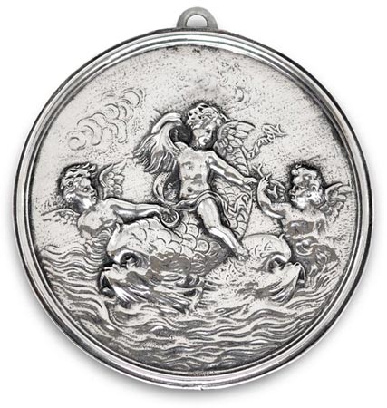 Medallion - cherubs and dolphins, grey, Pewter / Britannia Metal, cm 10,5