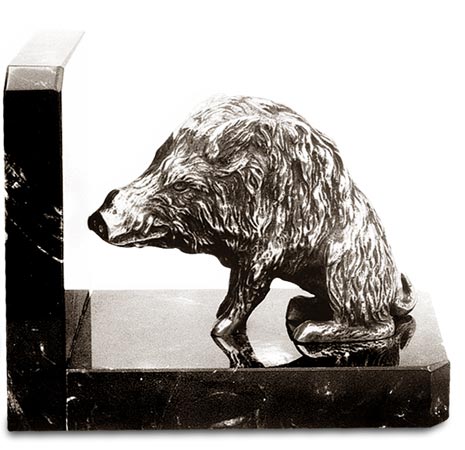 Buchstütze - Keiler, Grau und schwarz, Zinn / Britannia Metal und Marmor, cm 14,5 x 8 x 11,5