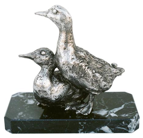 Metall Skulptur - Gans auf Marmor, Grau und schwarz, Zinn / Britannia Metal und Marmor, cm 14x7x13,5