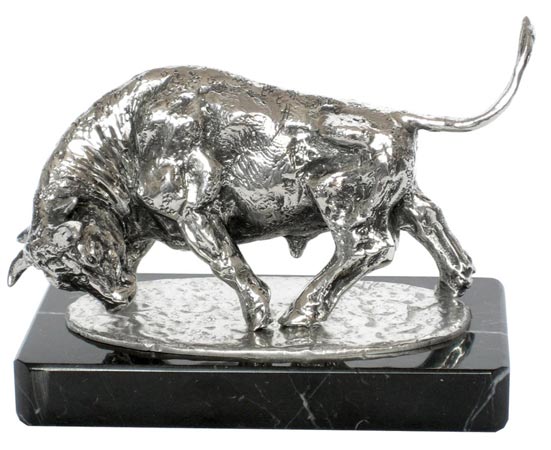 Statuette - taureau sur socle en marbre, gris et noir, étain / Britannia Metal et Marbre, cm 14x7x11