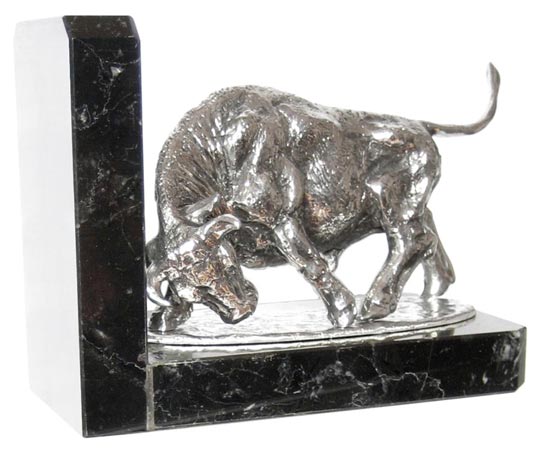 Buchstaender - Stier, Grau und schwarz, Zinn / Britannia Metal und Marmor, cm 14,5 x 8 x 11,5