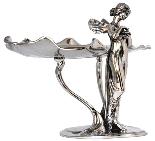 Jewelry stand tray - fairy hand holding and caressing a bird, grey, Pewter / Britannia Metal, cm 22 x 29 x h 21