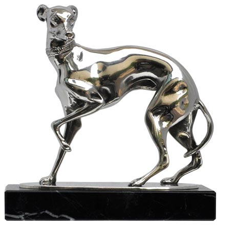 Metall Skulptur - Windhund auf Marmor, Grau und schwarz, Zinn und Marmor, cm 14x7x h 12