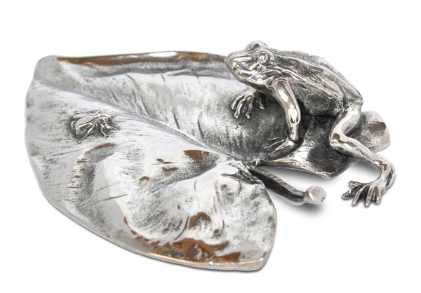 Grenouille et mouche sur nénuphar, gris, étain / Britannia Metal, cm 13x9,5