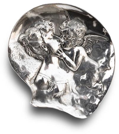 Coupe porte bijoux - dame et angelot, gris, étain / Britannia Metal, cm 10,5