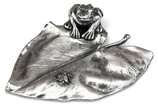 Frosch auf Blatt mit Fliege, Grau, Zinn / Britannia Metal, cm 13 x 9,5