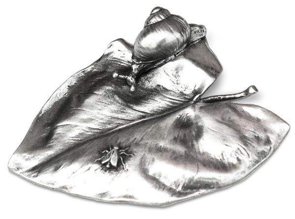 Schnecke auf Blatt mit Fliege, Grau, Zinn / Britannia Metal, cm 13 x 9,5