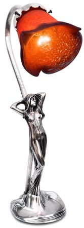 Nachttischlampe - Frauenfigur mit Händen in den Haaren, Grau und rosso, Zinn / Britannia Metal und Glas, cm 38