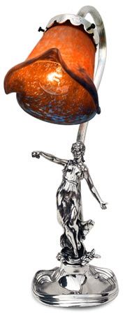 Tischlampe - Mädchenfigur mit Ornamentfries, Grau und rosso, Zinn / Britannia Metal und Glas, cm 36