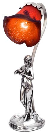 Tischlamp - Mädchenfigur mit Vögelein, Grau und rosso, Zinn / Britannia Metal und Glas, cm 36