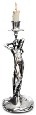 Kerzenleuchter - Frauenfigur mit Händen in den Haaren, Grau, Zinn / Britannia Metal, cm h 28