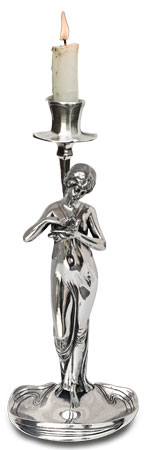 Kerzenleuchter - Mädchenfigur mit Vögelein, Grau, Zinn / Britannia Metal, cm h 26,5