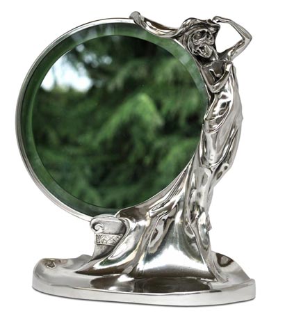 Round mirror w/lady, gri, Cositor / Britannia Metal, cm 34x29