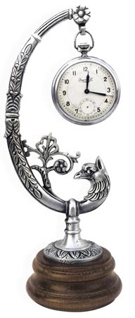 Pocket watch stand - peacock, grey and brown, Pewter / Britannia Metal and Wood, cm 21