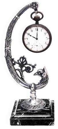 Pocket watch stand - peacock, grey and black, Pewter / Britannia Metal and Marble, cm 20