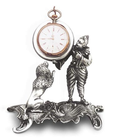 Pocket watch stand - dog and clown, grey, Pewter / Britannia Metal, cm 12x12