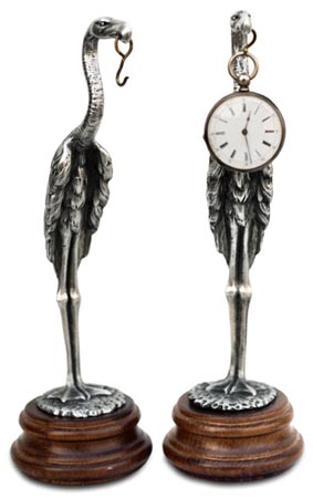 Pocket watch stand - stork, grey and brown, Pewter / Britannia Metal and Wood, cm 22.5