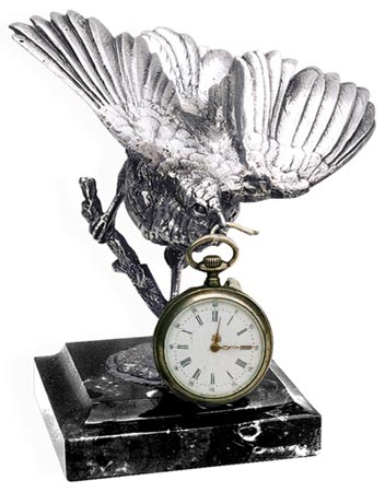 Bird pocket watch stand, gri și negru, Cositor / Britannia Metal și Marmura, cm 11.5