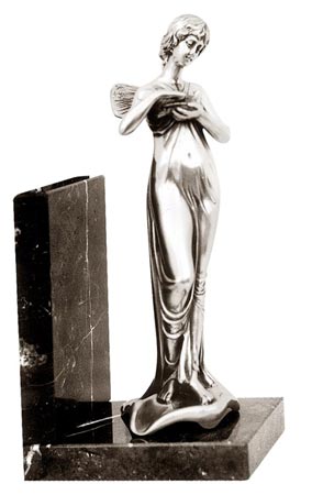 Buchstütze - Mädchenfigur mit Vögelein, Grau und schwarz, Zinn / Britannia Metal und Marmor, cm 11,5 x 8 x 23 right