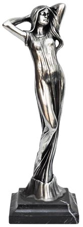 Metall Skulptur - Frauenfigur mit Händen in den Haaren, Grau und schwarz, Zinn / Britannia Metal und Marmor, cm h 23