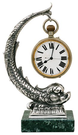 Pocket watch stand - fish, grey and black, Pewter / Britannia Metal and Marble, cm h 19