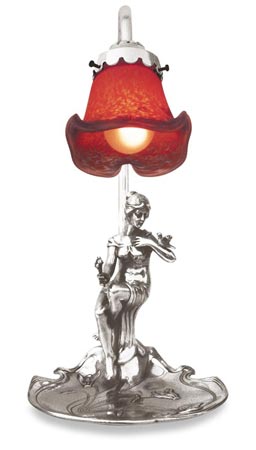 Lampada con donna seduta, grigio e rosso, Metallo (Peltro) / Britannia Metal e Vetro, cm 17x17x h 36
