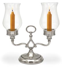 Double arm candelabra with hurricane glass