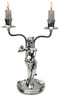 double-flames candelabra - sitting woman holding a bouquet of flowers