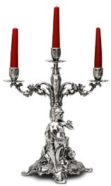 three-flames candelabra - sitting woman holding a bouquet of flowers