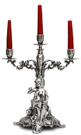 three-flames candelabra - sitting woman holding a bouquet of flowers