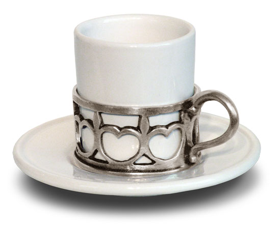 Tazza da caffè con piatto ceramica, grigio e bianco, Metallo (Peltro) e Ceramica, cm h 6,5 cl 8