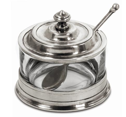 Jam pot with spoon, grey, Pewter and lead-free Crystal glass, cm 10x9