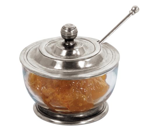 Sugar bowl with spoon, grey, Pewter and lead-free Crystal glass, cm 11x10,5