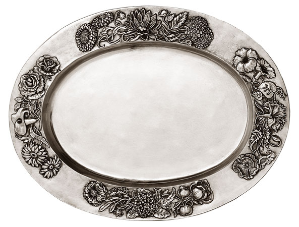 Oval tray w/flower dec., grey, Pewter, cm 44x33