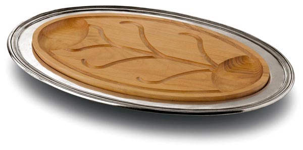 Oval carving platter with insert, grey and red, Pewter and Wood, cm 53.5x34