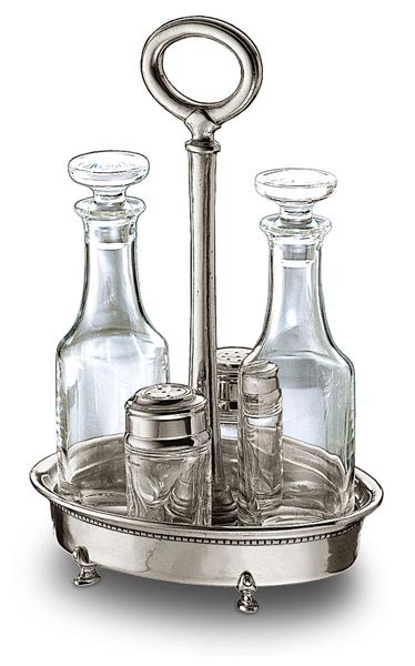 Menage Essig, Öl, Salz und Pfeffer, Grau, Zinn und Bleifreies Kristallglas, cm 15,5 x 13