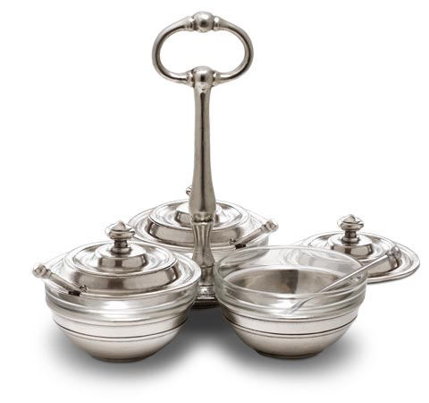 Porta salse con coperchi e cucchiai, grigio, Metallo (Peltro) e Vetro, cm 18,5 x h 19,5