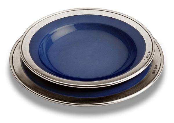 Piatto piano - blu, grigio e blu, Metallo (Peltro) e Ceramica, cm Ø 27,5