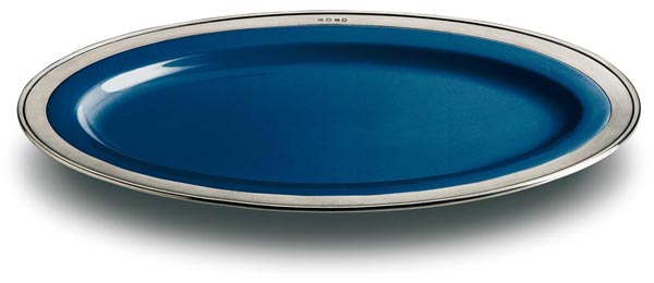Oval serving platter - blue, grey and blue, Pewter and Ceramic, cm 57x38