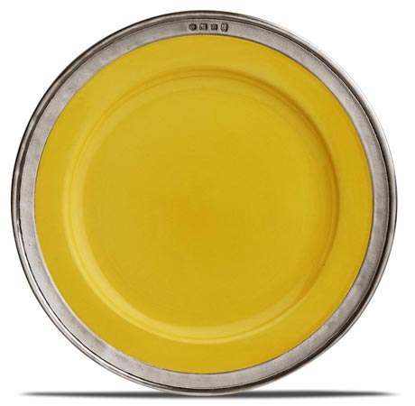 Speiseteller gelb mit Ring aus Metall, Grau und gelb, Zinn und Keramik, cm Ø 31