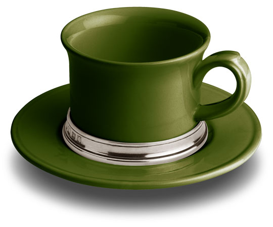 Tazza the con piatto, grigio e verde, Metallo (Peltro) e Ceramica, cm h 7 x cl 30