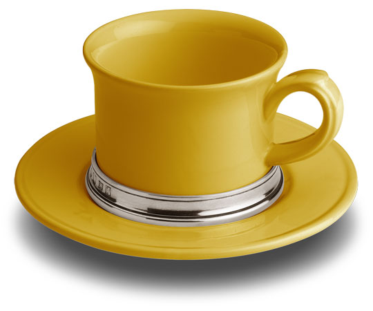 Teetasse mit Untertasse, Grau und gelb, Zinn und Keramik, cm h 7 x cl 30