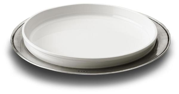 Round serving platter, grey and White, Pewter and Ceramic, cm Ø 48,5