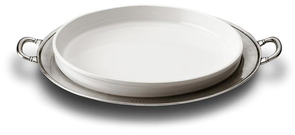 Round serving platter, grey and White, Pewter and Ceramic, cm Ø 48,5