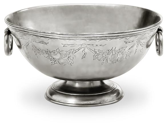 Engraved, deep, footed bowl, grey, Pewter, cm Ø 32 x h 16.5