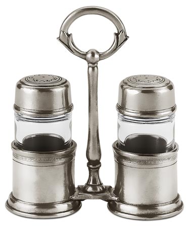 Salt & pepper caddy, grey, Pewter and lead-free Crystal glass, cm h 13,5