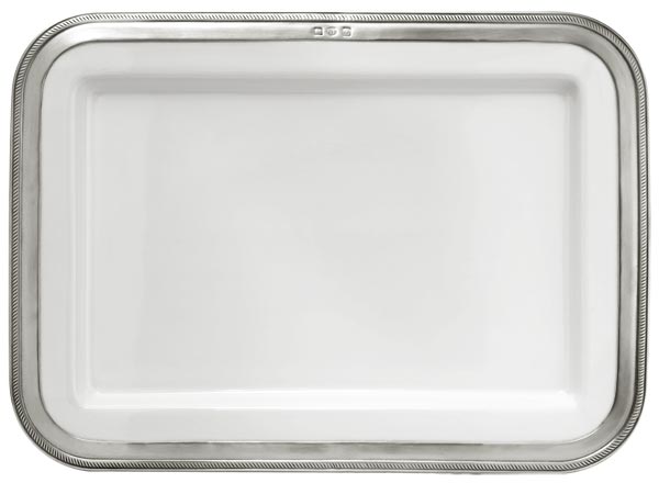 Bandeja rectangular, gris y blanco, Estaño y Cerámica, cm 42 x 31