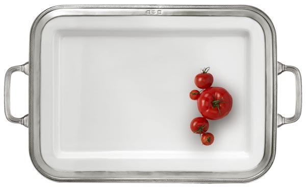 Bandeja rectangular, gris y blanco, Estaño y Cerámica, cm 42 x 31