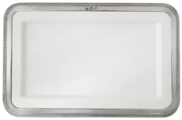 Bandeja rectangular, gris y blanco, Estaño y Cerámica, cm 37,5 x 24